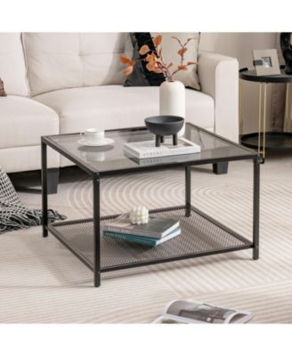 Modern 2-Tier Square Glass Table with Mesh Shelf