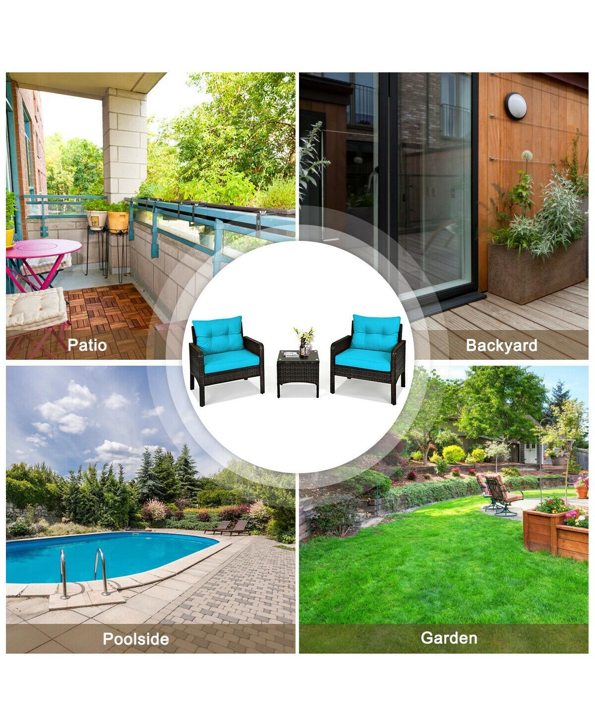 Gouun 3 Pcs Outdoor Patio Rattan Conversation Set with Seat Cushions -aqua