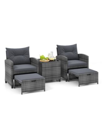 5 Piece Patio Rattan Furniture with 2 Ottomans and Tempered Glass Table
