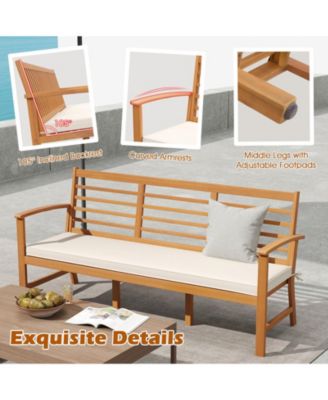 Patio 64 Inch Wood Bench with Seat Cushion and Slatted Seat for Backyard-Off