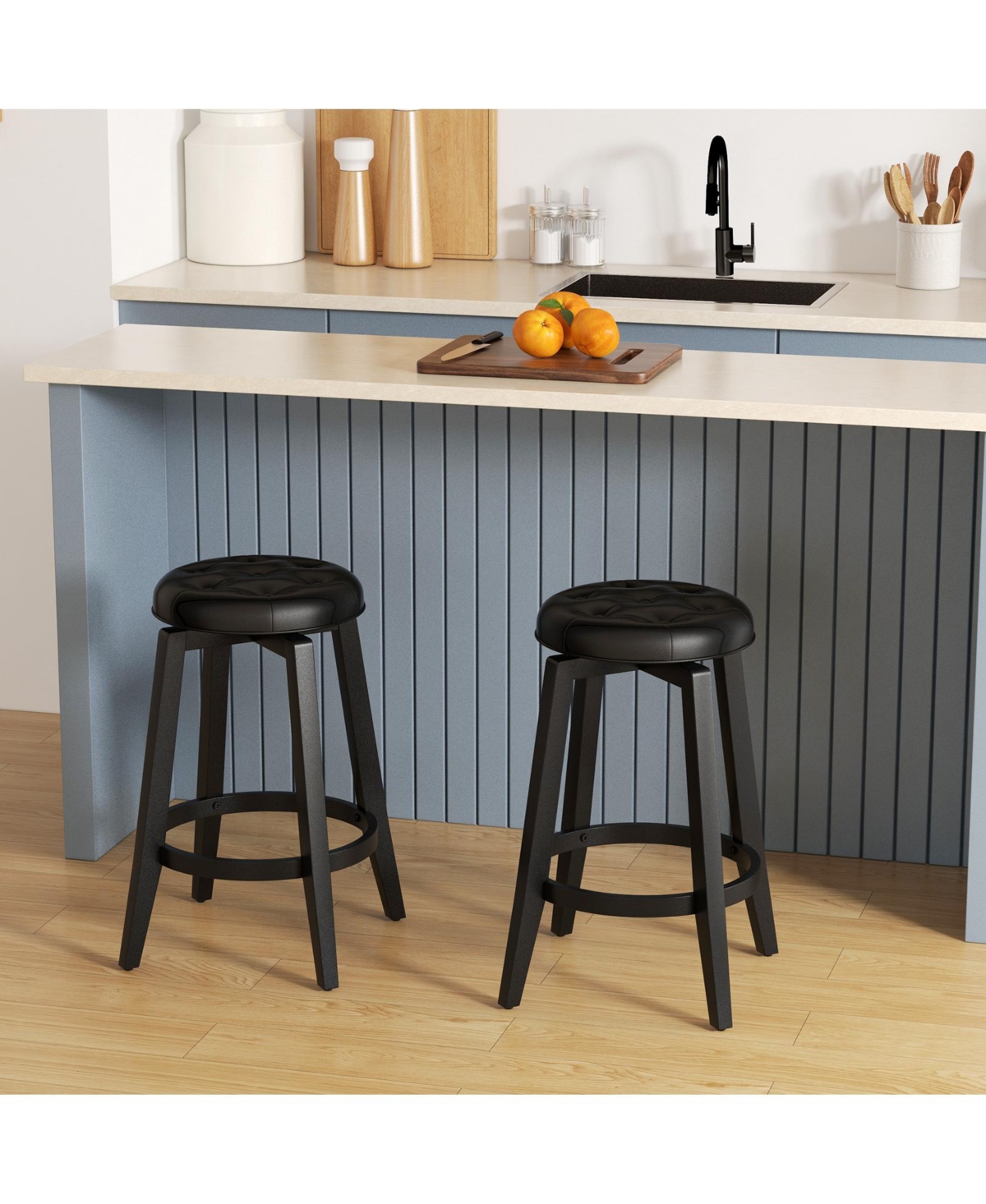 Gouun 360° Swivel Upholstered Rubberwood Frame Bar Stool Set of 2 with Footrest-24 inches