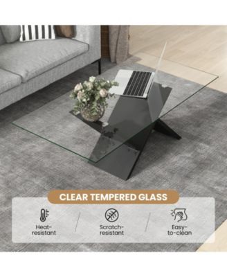 47 Inch Rectangle Glass Table Modern Center Table with Tempered Glass Tabletop