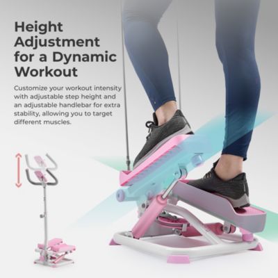Pink Smart Stair Exercise Stepper w Handlebar & Resistance Band, Free SunnyFit App Via Bluetooth