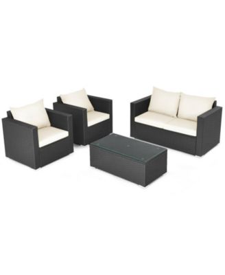 4 Pieces Patio Rattan Conversation Set with Padded Cushion and Tempered Glass Table