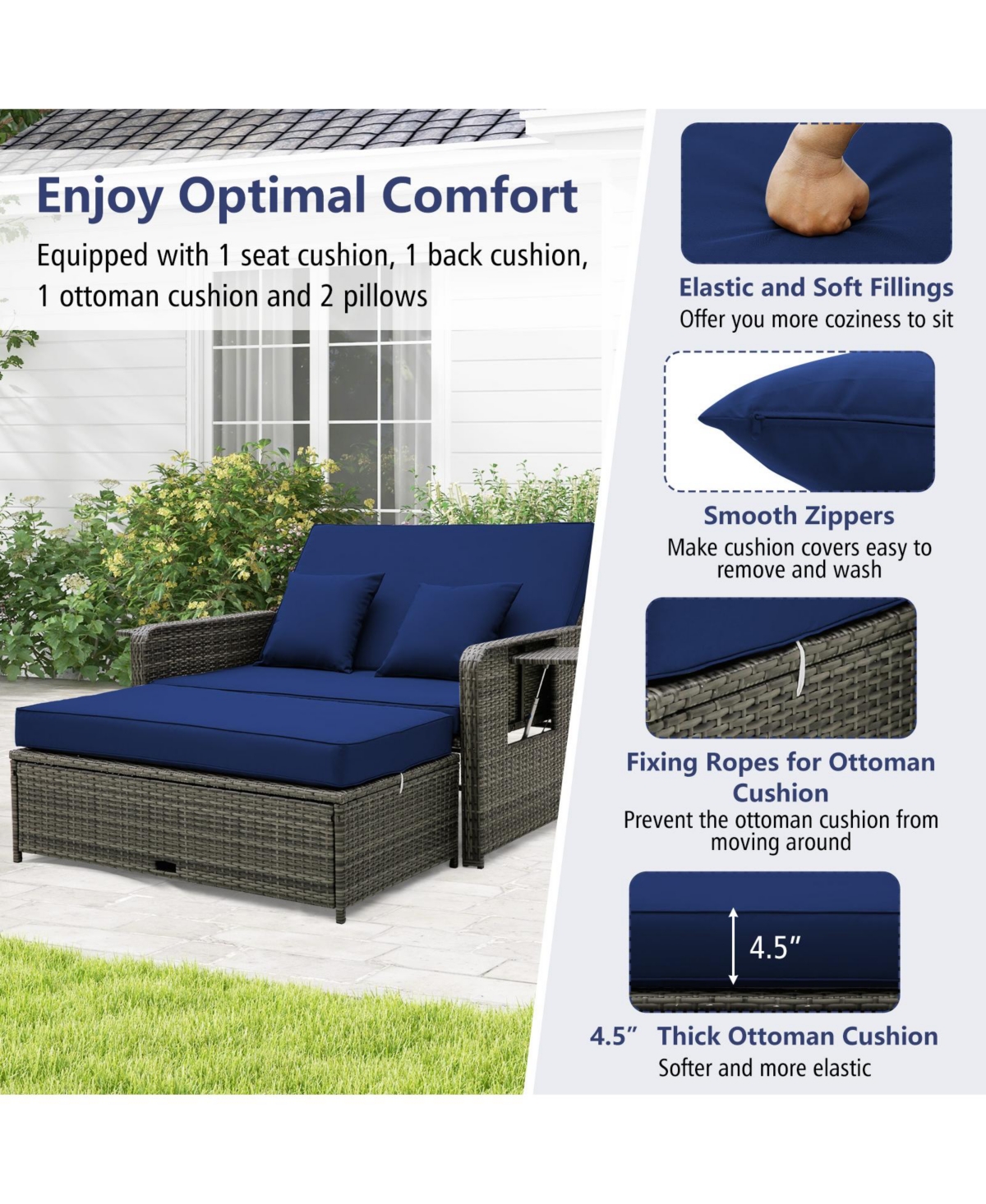 Patio Wicker Loveseat Sofa with Multipurpose Ottoman and Retractable Side Tray