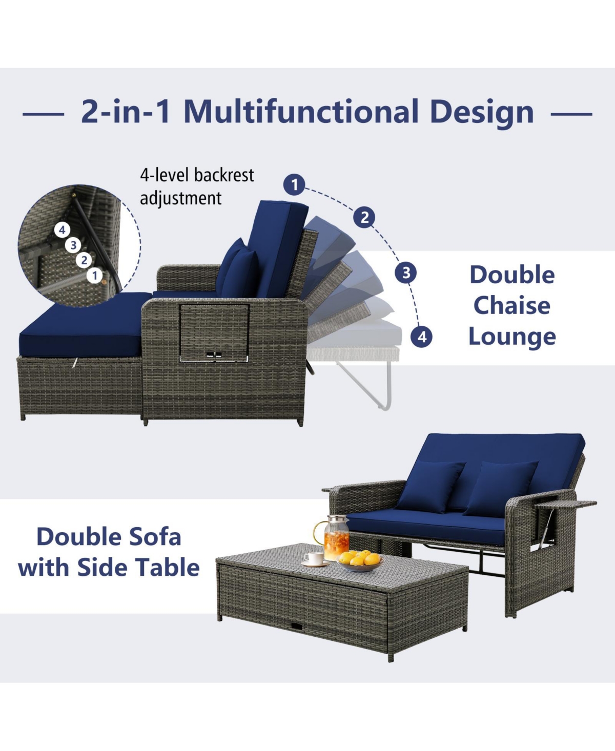Gouun Patio Wicker Loveseat Sofa with Multipurpose Ottoman and Retractable Side Tray