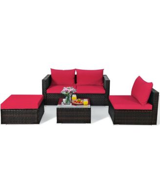 5 Pieces Patio Rattan Sectional Furniture Set with Cushions and Table