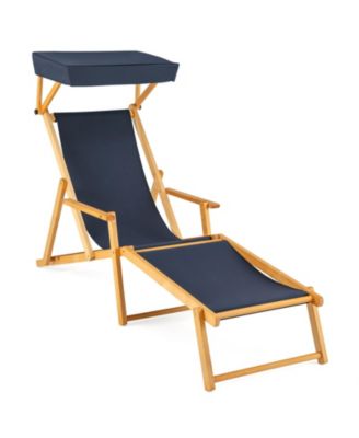 Birch Wood Chaise Lounge Chair Foldable Beach Chair with Adjustable Canopy