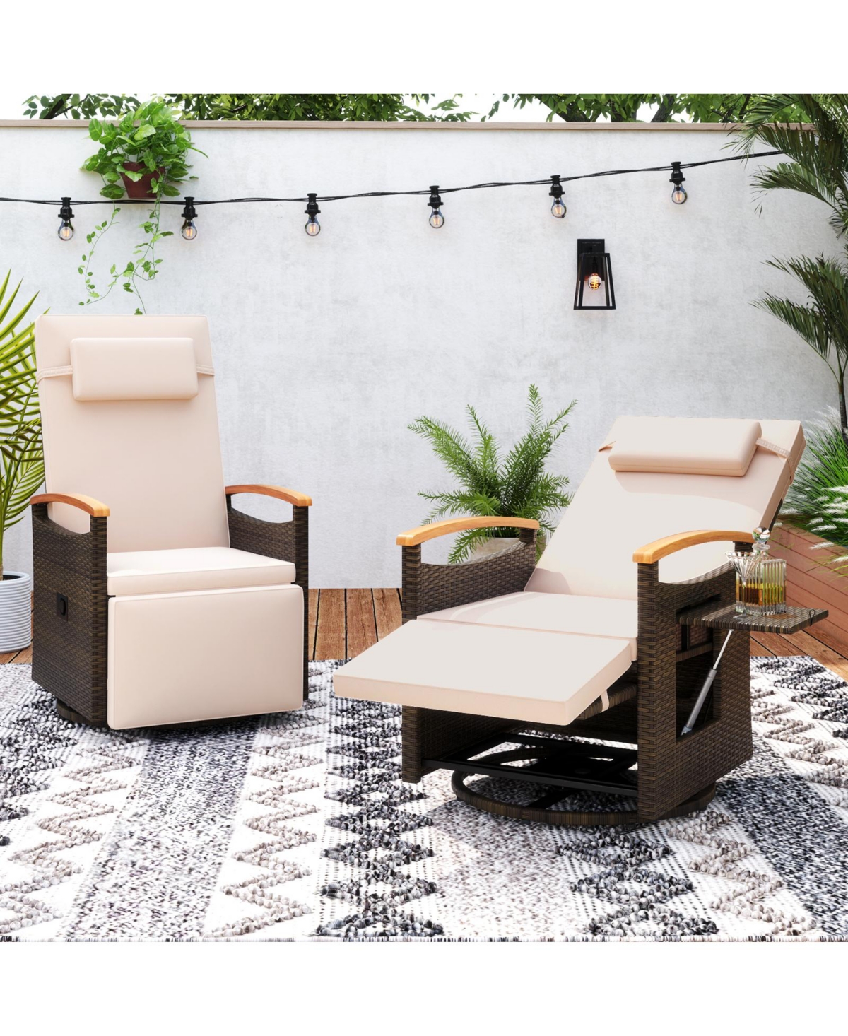 Gouun Patio Rattan 360 Swivel Recliner Chair with Adjustable Backrest and Footrest