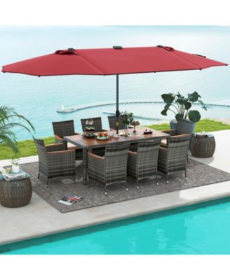 11 Pieces Patio Dining Set with 15 Feet Double-Sided Patio Umbrella Base Included-Wine
