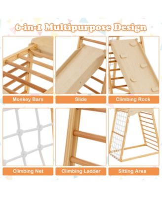 6-in-1 Jungle Gym Wooden Indoor Playground with Double-Sided Ramp and Monkey Bars
