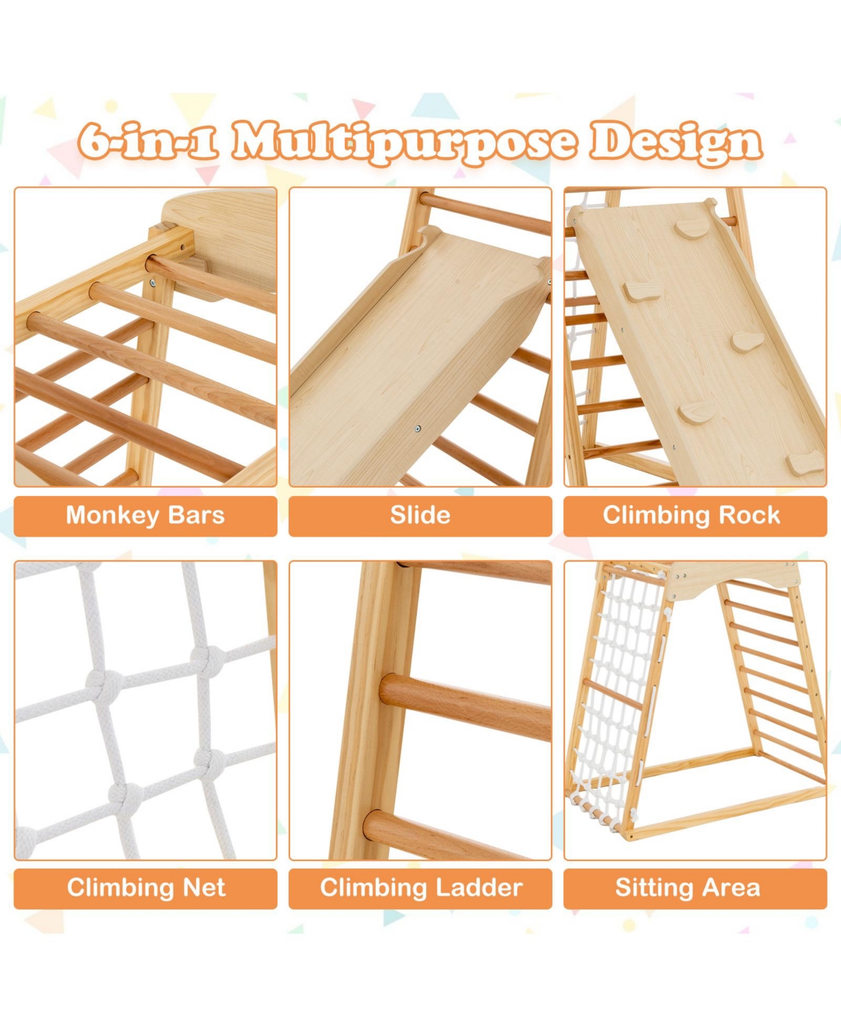 Gouun 6-in-1 Jungle Gym Wooden Indoor Playground with Double-Sided Ramp Monkey Bars