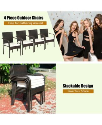 Set of 4 Patio Rattan Stackable Dining Chair with Cushioned Armrest for Garden