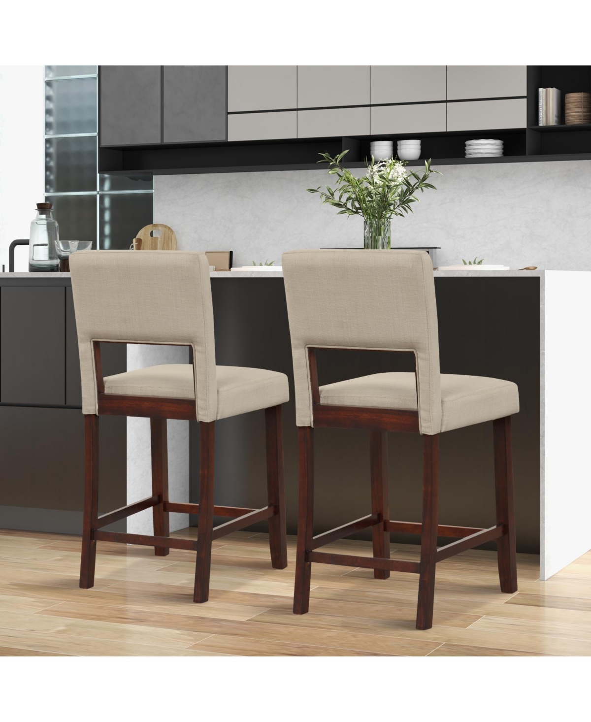 Gouun 2 Piece Bar Chair Set with Hollowed Back and Rubber Wood Legs -khaki