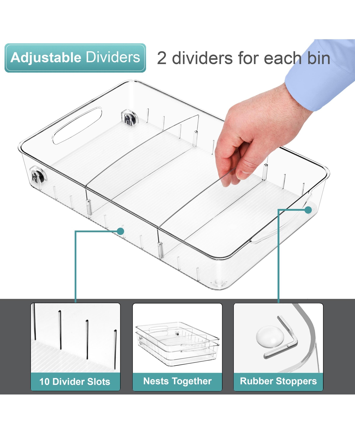 Sorbus 2 Pack Flat Clear Organizing Bins on Wheels with Dividers - for Kitchen, Cabinet Organizer, Pantry & Refrigerator