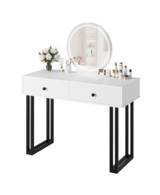 Vanity Desk with Mirror and Lights, Small Makeup Vanity with 2 Drawers, Modern Vanity Organizer with 3 Color Lights Adjustable Brightness, Dressing Table for Bedroom