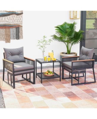 5-Piece Outdoor Rattan Conversation Set with Cushions, Ottomans, and 2-Tier Side Table