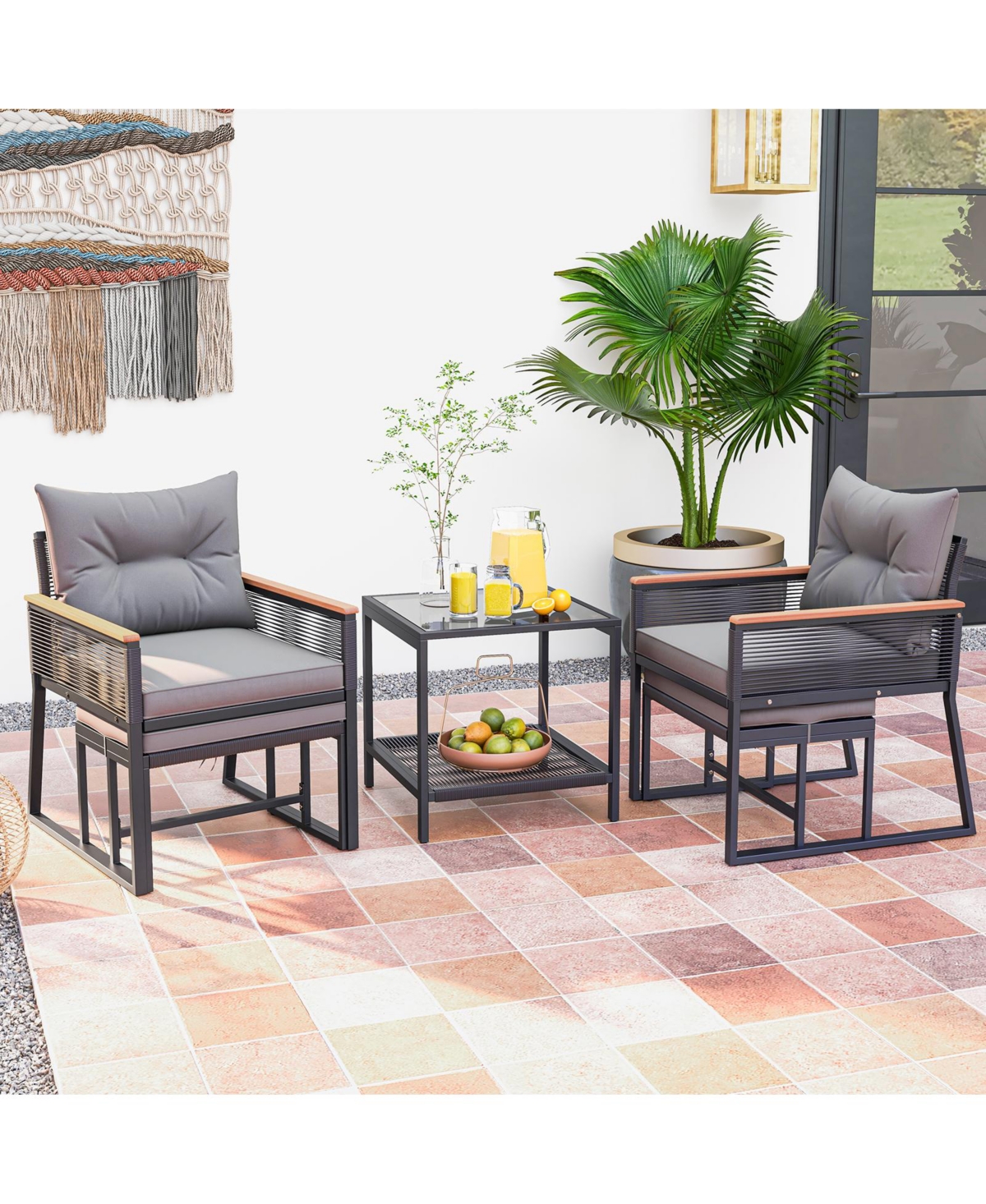 Gouun 5-Piece Outdoor Rattan Conversation Set with Cushions, Ottomans, and 2-Tier Side Table