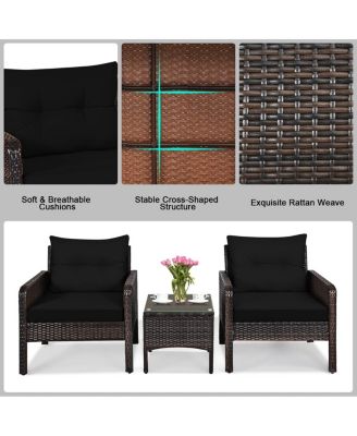 3 Pcs Outdoor Patio Rattan Conversation Set with Seat Cushions