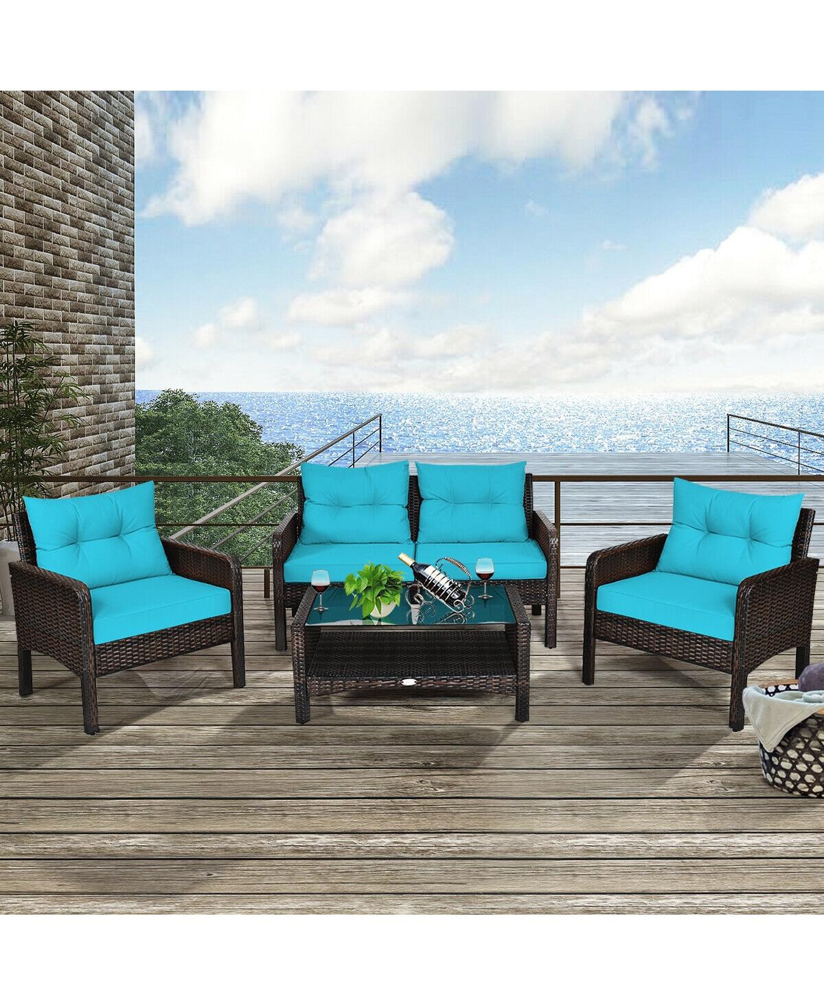 Gouun 4 Pieces Outdoor Rattan Wicker Loveseat Furniture Set with Cushions -aqua
