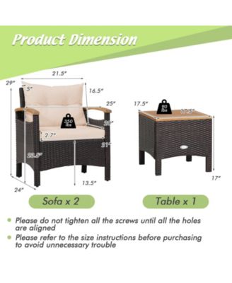 3 Pieces Patio Rattan Furniture Set with Removable Cushions