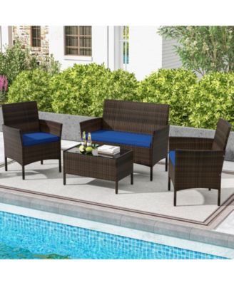 4 Piece Patio Rattan Conversation Set with Cozy Seat Cushions