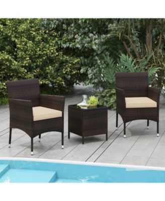 3 Pieces Outdoor Conversation Set with Cushioned Seat and Glass Tabletop