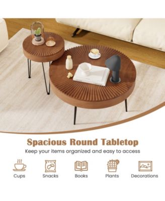 Set of 2 Boho Round Table with Solid Pine Wood Top and Metal Legs