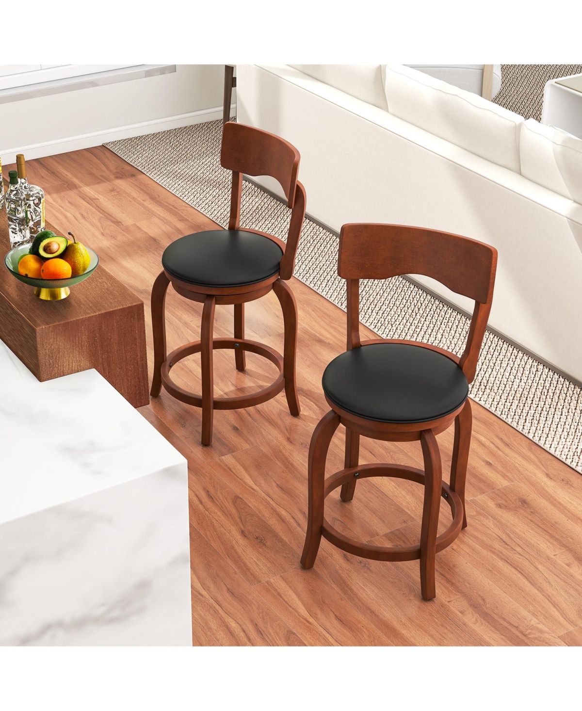 Gouun Swivel Bar Stools Set of 2 with Rubber Wood Frame and Upholstered Seat-24