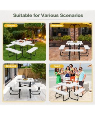 Outdoor Picnic Table with 4 Benches and Umbrella Hole