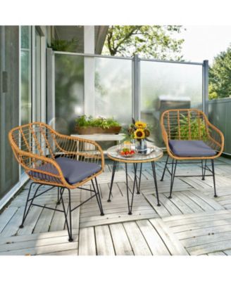 3 Pieces Rattan Furniture Set with Cushioned Chair Table