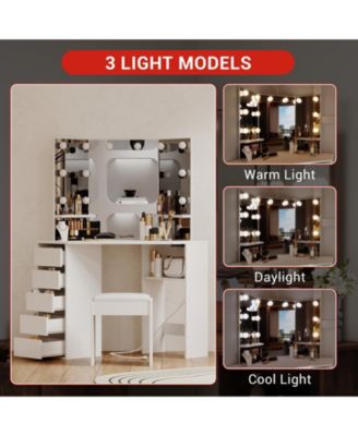 Vanity Desk with Mirror and Lights, Corner Makeup Vanity Desk