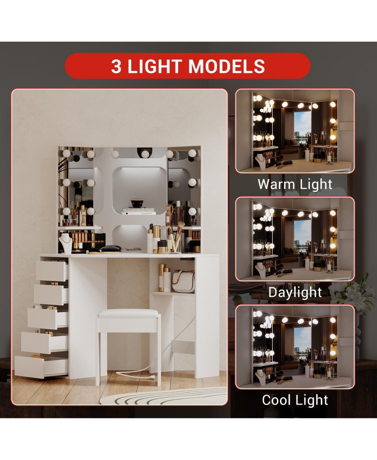 gaomon Vanity Desk with Mirror and Lights, Corner Makeup Vanity Desk