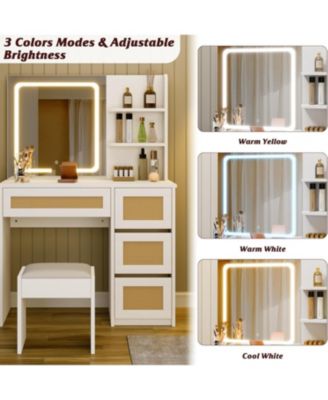 Rattan Makeup Vanity Desk with Charging Station, Vanity Desk with Mirror, 3 Lighting Modes LED Light