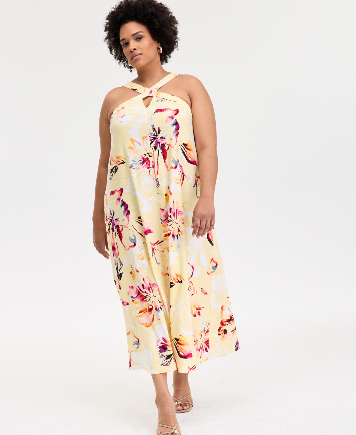 INC INTERNATIONAL CONCEPTS INC PLUS SIZE LINEN-BLEND PRINTED HALTER MAXI DRESS, EXCLUSIVELY AT MACY'S 