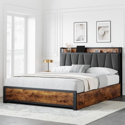 Queen Size Bed Frame with Upholstered Storage Charging Headboard, Heavy Duty Metal Platform Bed Frame with 4 Storage Drawers, Noise Free, No Box Spring Needed