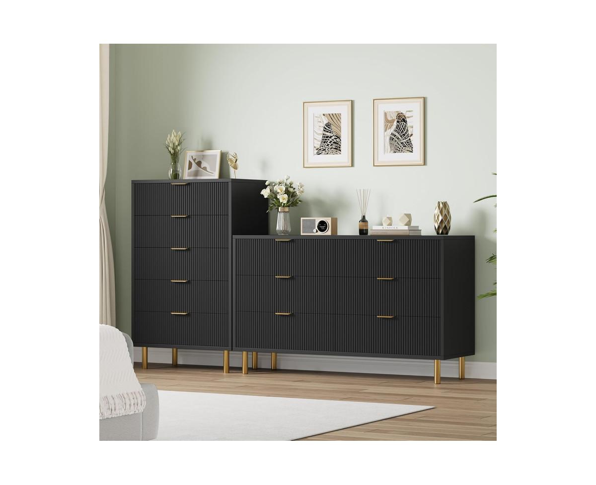 gaomon Modern 6 Drawer Dresser for Bedroom with Gold Handle and Large Drawer, Wood Double Chest of Drawers and Storage Organizer for Living Room, Hall