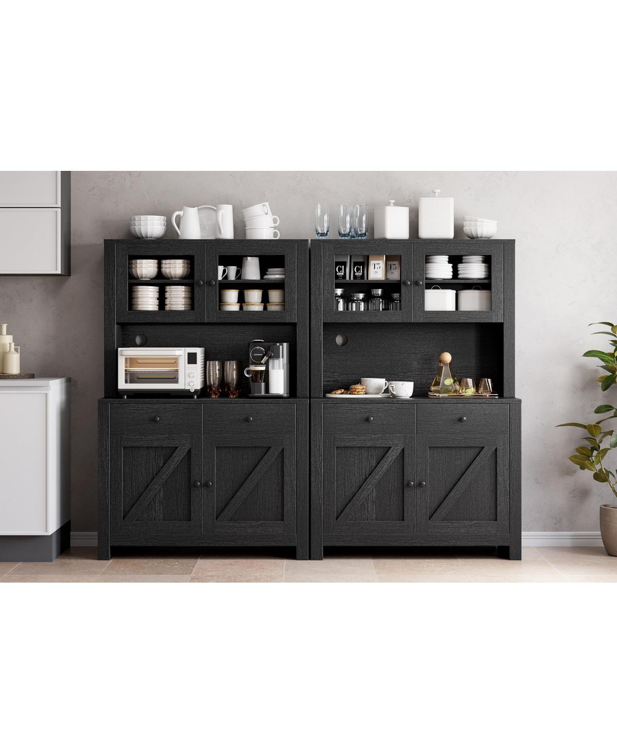 gaomon Kitchen Pantry Cabinet with Microwave Stand, Freestanding Hutch with Drawers, Doors & Adjustable Shelves, Buffet Cabinet with Storage, Food Pan