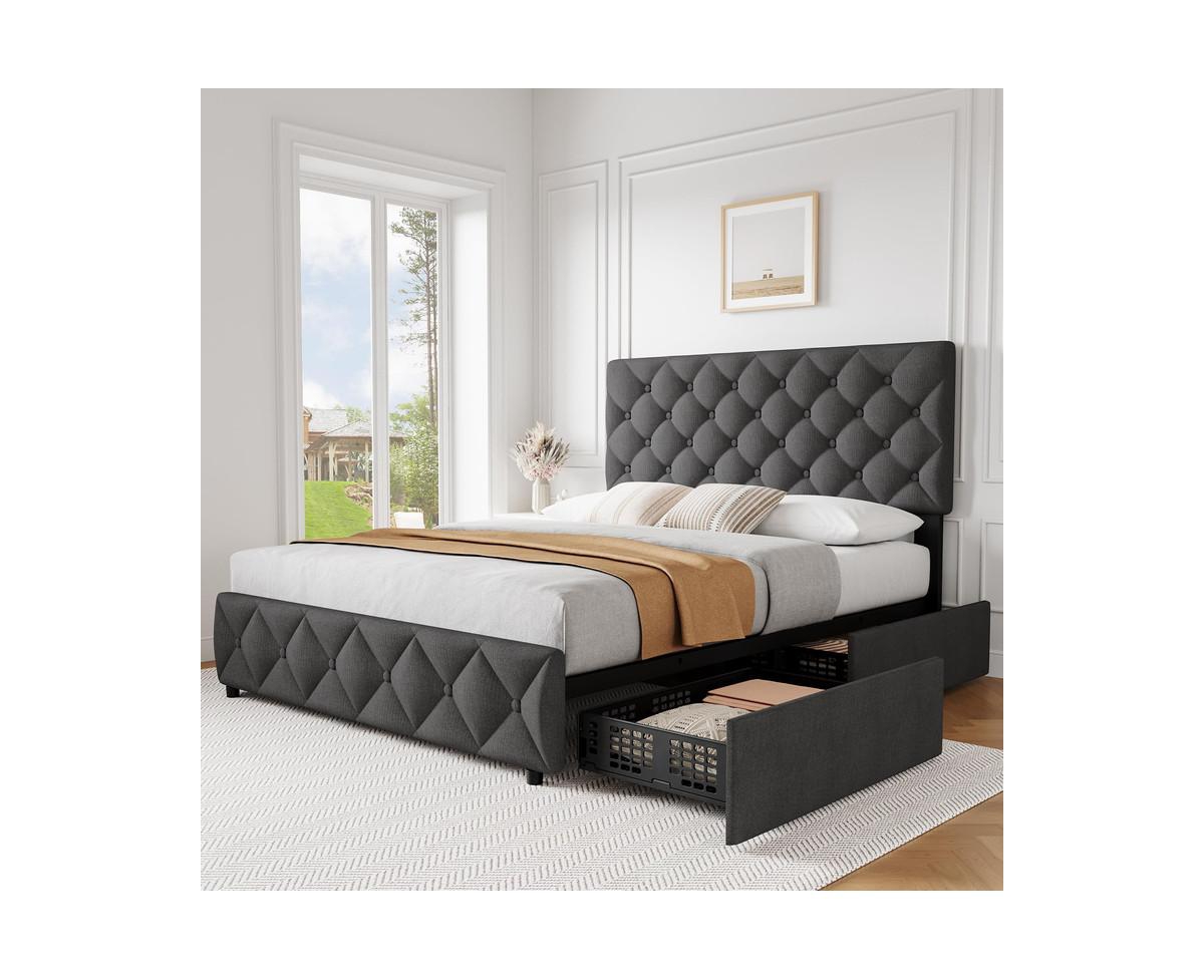 gaomon Size Bed Frame with 4 Storage Drawers, Linen Upholstered Platform Bed Frame with Adjustable Headboard, Diamond Stitched Button Tufted, No