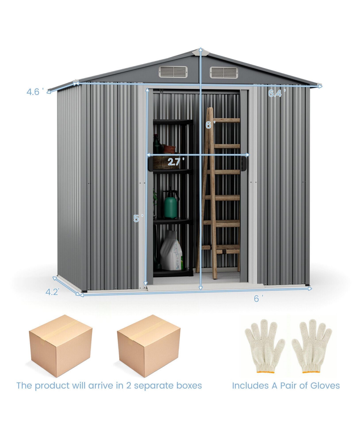 Gouun 6 x 4 Feet Galvanized Steel Storage Shed with Lockable Sliding Doors