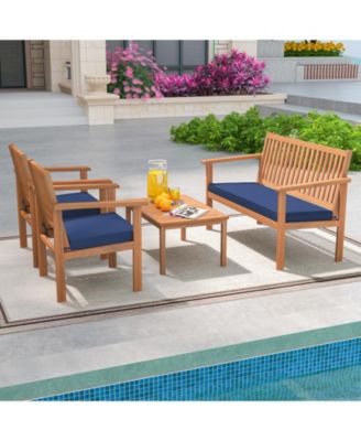 4 Piece Patio Wood Furniture Set Acacia Wood Sofa Set with Loveseat