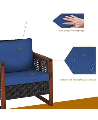 3 Pieces Patio Wicker Furniture Set with Acacia Wood Table and Washable Cushion