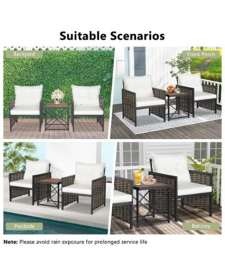 3 Pieces Patio Rattan Furniture Set with Acacia Wood Tabletop