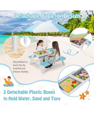 3-in-1 Kids Outdoor Picnic Water Sand Table with Umbrella Play Boxes
