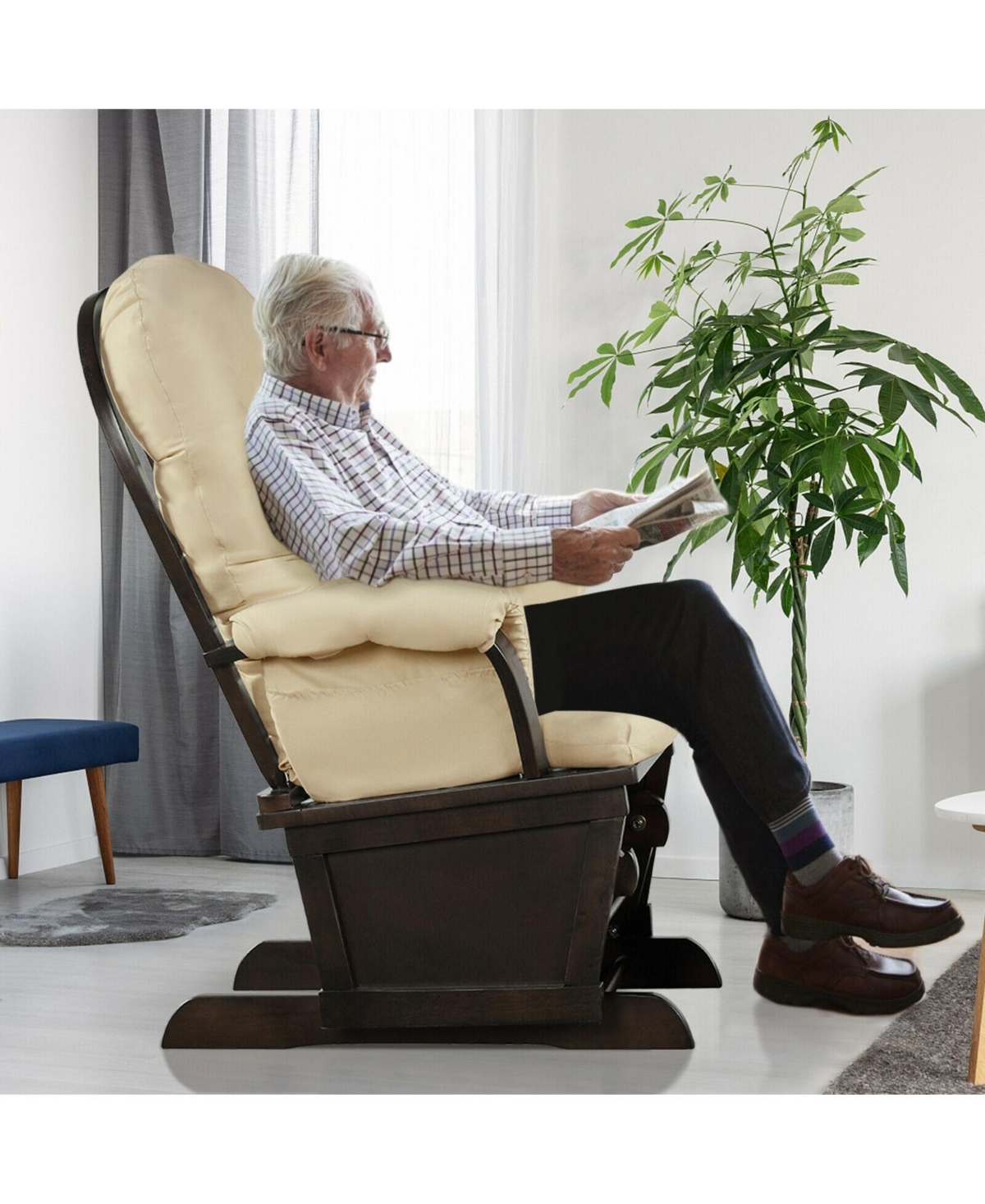 Gouun Wood Baby Glider and Ottoman Cushion Set with Padded Armrests for Nursing -khaki