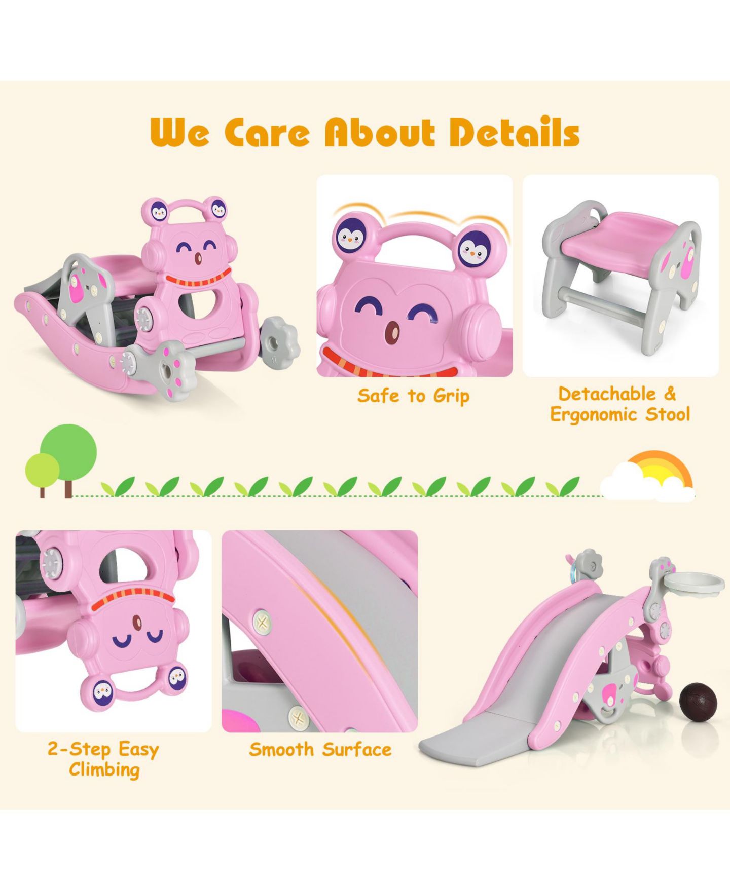 Детские игрушки GOUUN 4-in-1 Penguin Rocking Horse and Slide Set, Ages 1-5, цвет: Розовый — фото 8