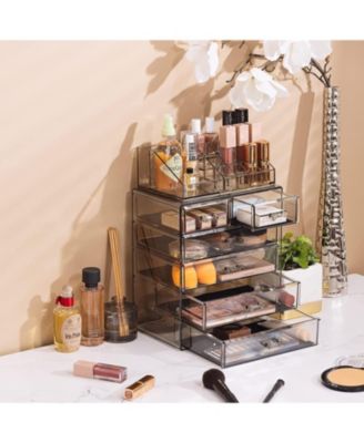 2 Piece Acrylic Makeup and Jewelry Storage Organizer Case (6 Drawers and Lipstick Tray