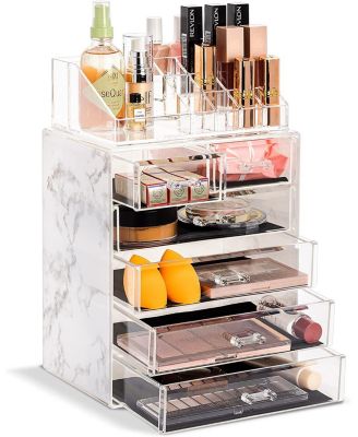 2 Piece Acrylic Makeup and Jewelry Storage Organizer Case (6 Drawers and Lipstick Tray