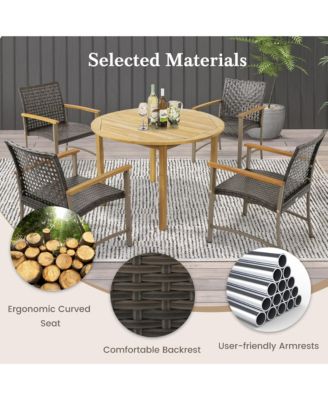 Outdoor Rattan Chair Set of 4 Patio PE Wicker Dining Chairs w/ Acacia Wood Armrests Balcony Poolside