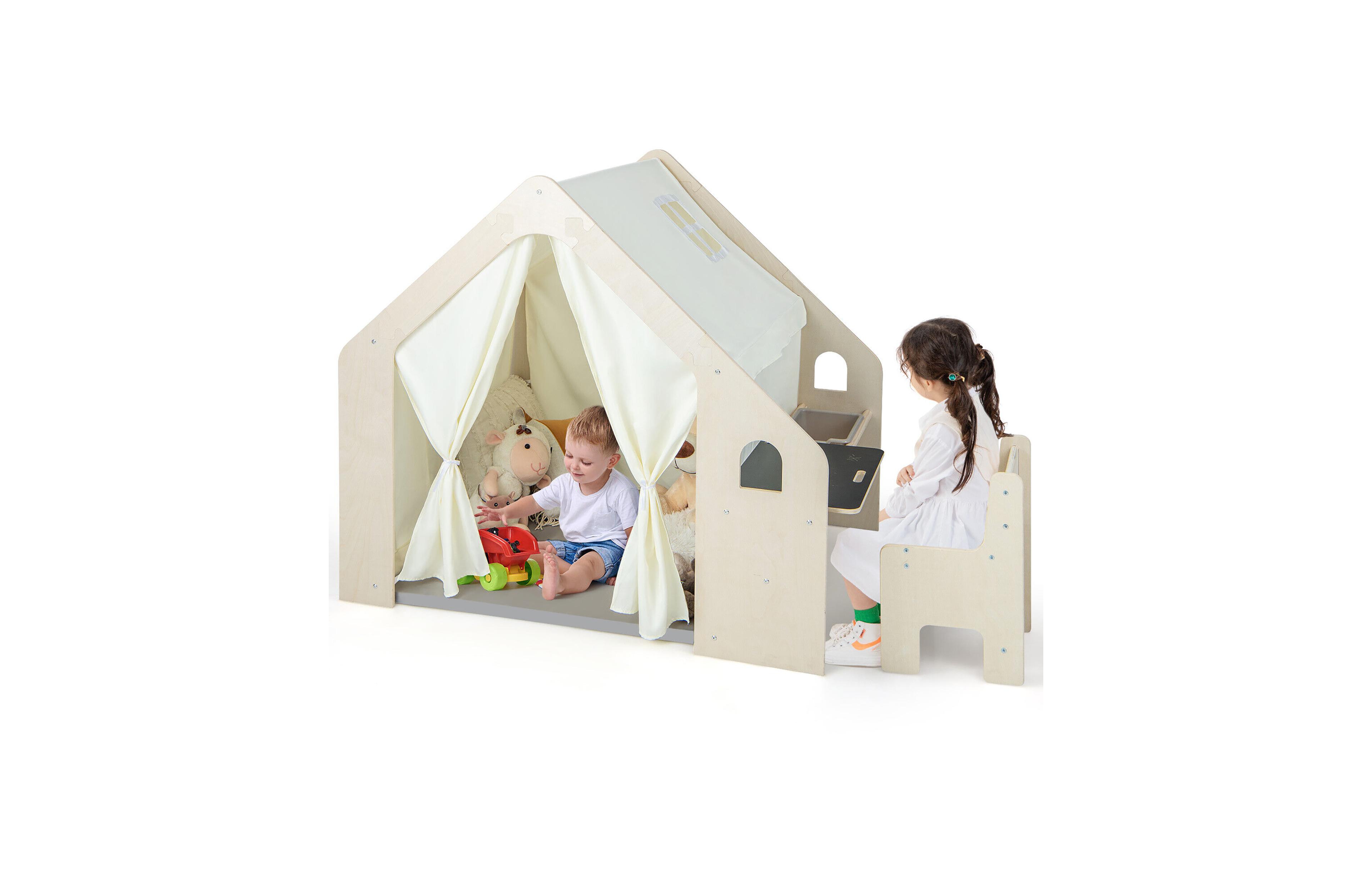 Gymax 6-in-1 Kids Playhouse Wooden Indoor Play Tent w/ Blackboard Desk Table Chair